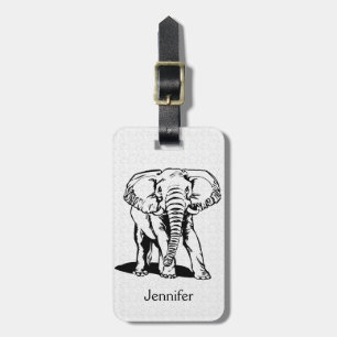 Étiquette À Bagage Dessin de ligne d'éléphant noir mignon monogramme