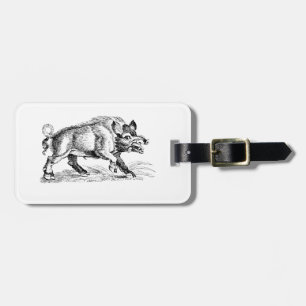 Étiquette À Bagage Dessin de sanglier vintage en noir et blanc #2
