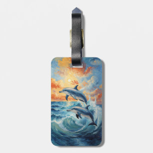 Étiquette À Bagage Deux dauphins de saut artistique Coucher de soleil