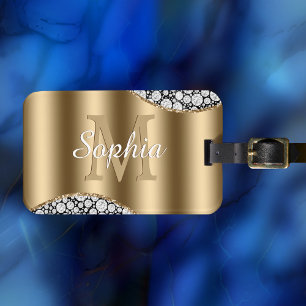 Étiquette À Bagage Diamants de Glam sur Noir, Monogramme Or, Nom du s