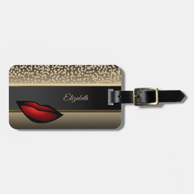 Étiquette À Bagage Diamants Or Élégants - Rouge Lip Personnalisé (Devant horizontal)