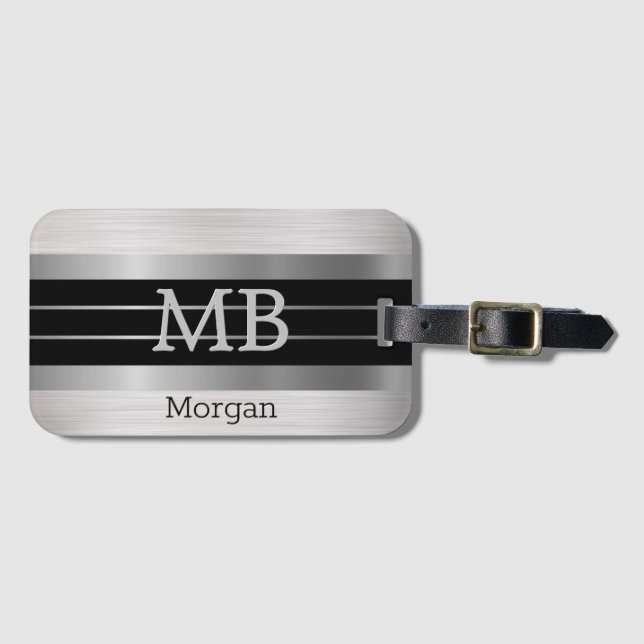 Étiquette À Bagage do-it-yourself Monogramme/Nom Bk/Silver Stripes Br (Devant Horizontal)