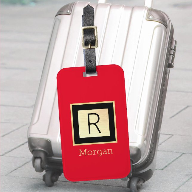 Étiquette À Bagage do-it-yourself Nom & Monogramme, Boîte noire & or, (Créateur téléchargé)