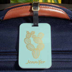 Étiquette À Bagage Doodle Gold Prickly Cactus Personnalisé