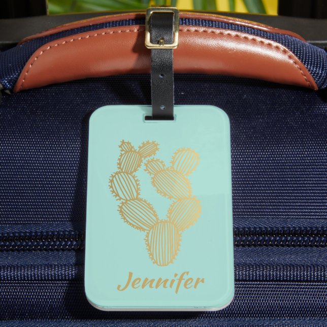 Étiquette À Bagage Doodle Gold Prickly Cactus Personnalisé (Insitu Rectoal 2)