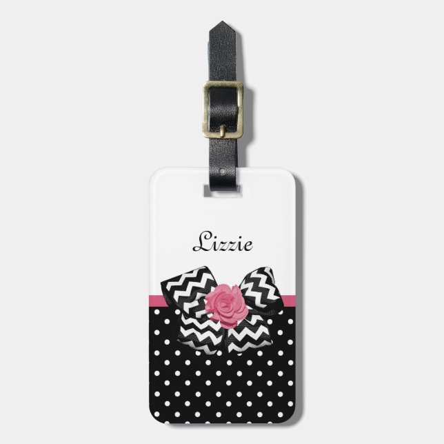 Étiquette À Bagage Dots noirs mignons Rose Chevron Bow et nom (Devant Vertical)