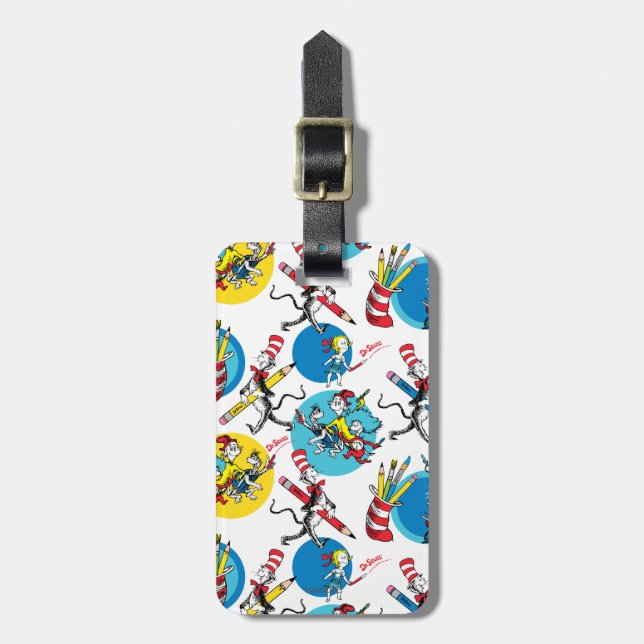 Étiquette À Bagage Dr Seuss | Caractères avec Motif de crayons (Devant Vertical)