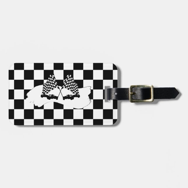 Étiquette À Bagage Drapeau Checker et voitures de course (Devant horizontal)