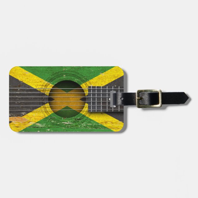 Étiquette À Bagage Drapeau jamaïcain sur la vieille guitare (Devant horizontal)