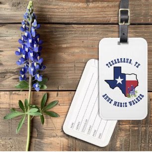 Étiquette À Bagage Drapeau Texas avec Fleur d'État Bluebonnet personn