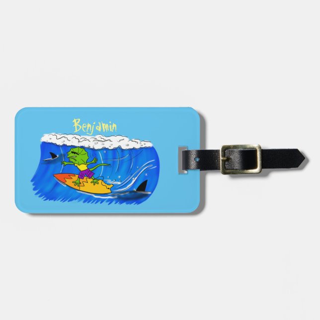 Étiquette À Bagage Drôle caricature de surf de lézard au cou (Devant horizontal)