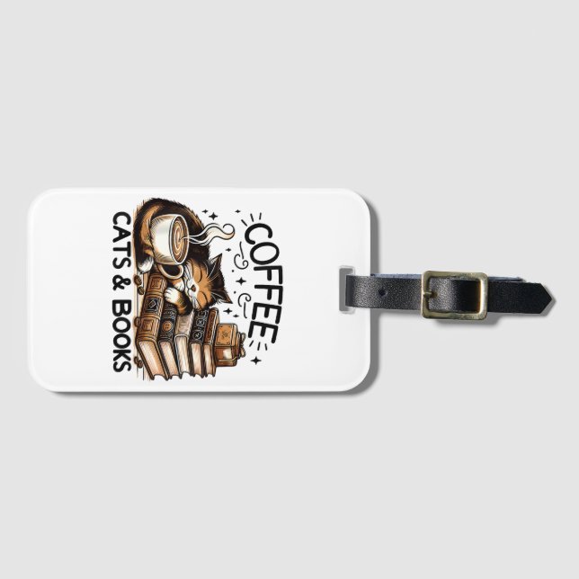 Étiquette À Bagage Drôle Cute Coffee Cats Livres Lover Idea Cadeau Fe (Devant Horizontal)