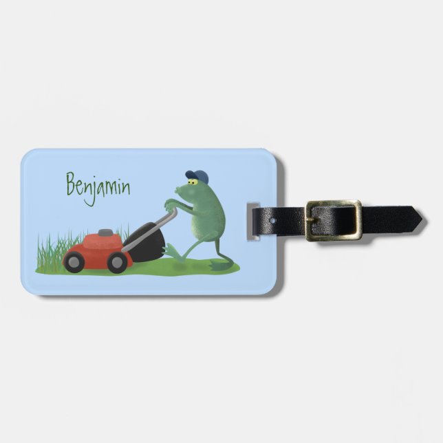 Étiquette À Bagage Drôle grenouille verte tondre la pelouse dessin (Devant horizontal)