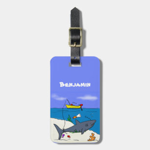 Étiquette À Bagage Drôle requin couché et dessin animé de pêche