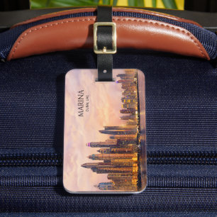 Étiquette À Bagage Dubaï Marina Skyline Aquarelle Lumières de la vill