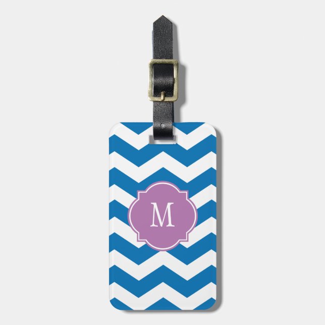 Étiquette À Bagage Éblouissante Bleue et Blanc Chevron Monogramme Bag (Devant Vertical)