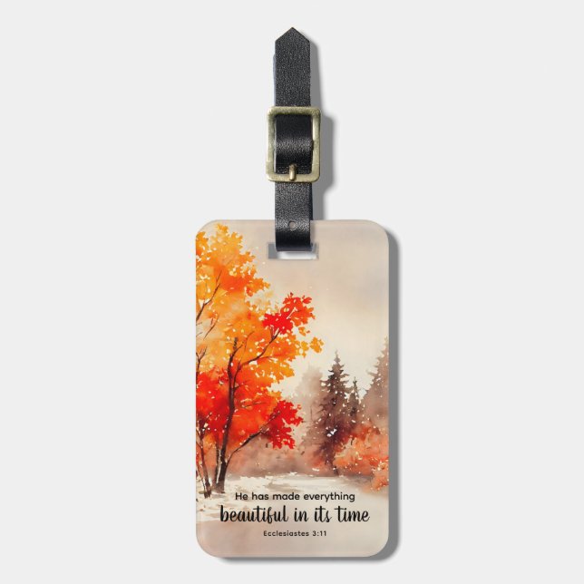 Étiquette À Bagage Ecclésiaste 3:11 Verse Bible Automne Aquarelle (Devant Vertical)