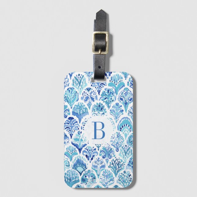 Étiquette À Bagage Échelles de poissons bleues d'aquarelle de SIRÈNE (Devant Vertical)