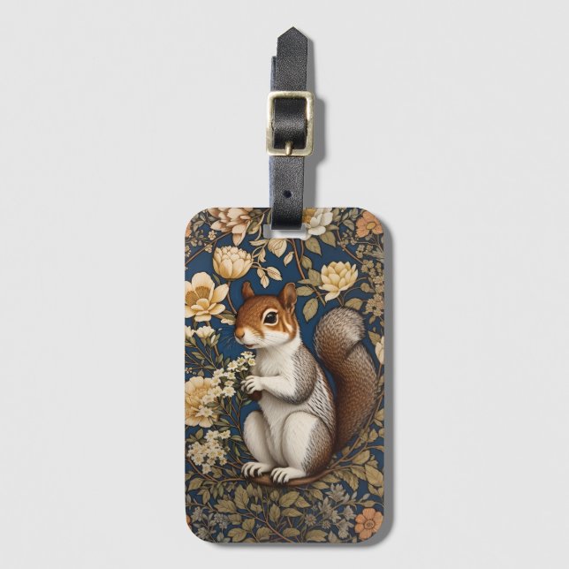 Étiquette À Bagage Écureuil Avec Fleurs Acacia William Morris (Devant Vertical)
