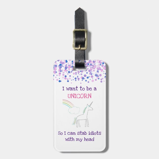 Étiquette À Bagage Edgy Unicorn avec arc en ciel et Confetti Funny (Devant Vertical)