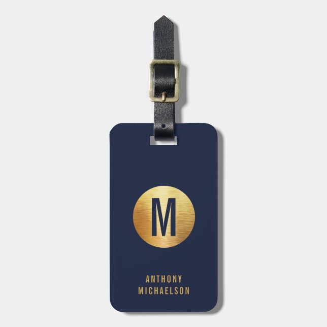 Étiquette À Bagage Effet d'or métallique brossé monogrammé moderne (Devant Vertical)