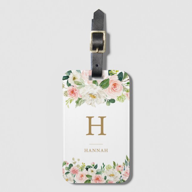 Étiquette À Bagage Élégant Aquarelle Blush Monogramme Floral (Devant Vertical)