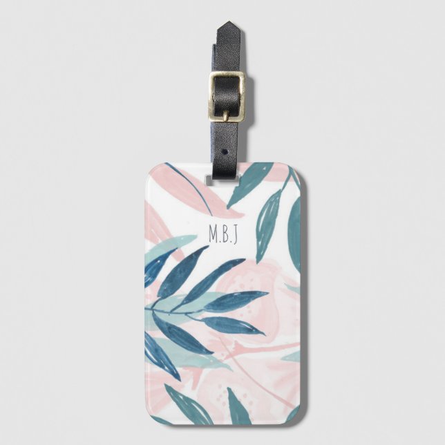 Étiquette À Bagage Élégant aquarelle Pastel Feuille Monogramme (Devant Vertical)