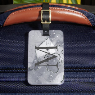 Étiquette À Bagage Élégant argent et noir monogramme