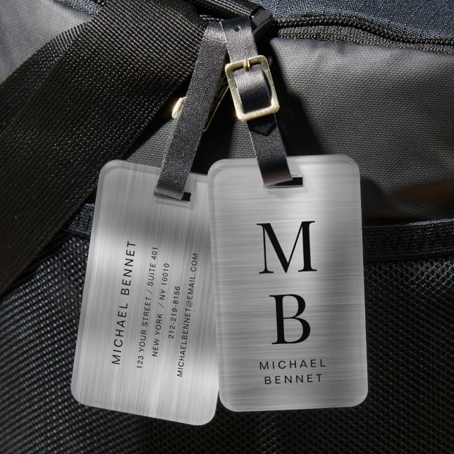 Étiquette À Bagage Élégant argent monogrammé brossé métal (Elegant Monogrammed Silver Brushed Metallic Luggage Tag)