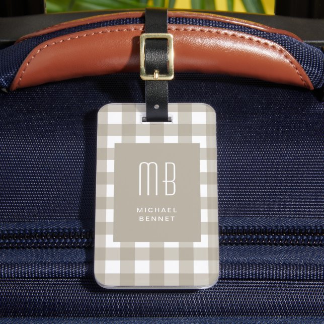 Étiquette À Bagage Elegant Beige Gingham Monogram (Insitu Rectoal 2)