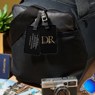 Étiquette À Bagage Élégant Black Gold 2 Monogramme Nom du script Styl