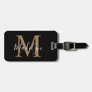 Étiquette À Bagage Elegant Black & Gold Monogram | Script Name 