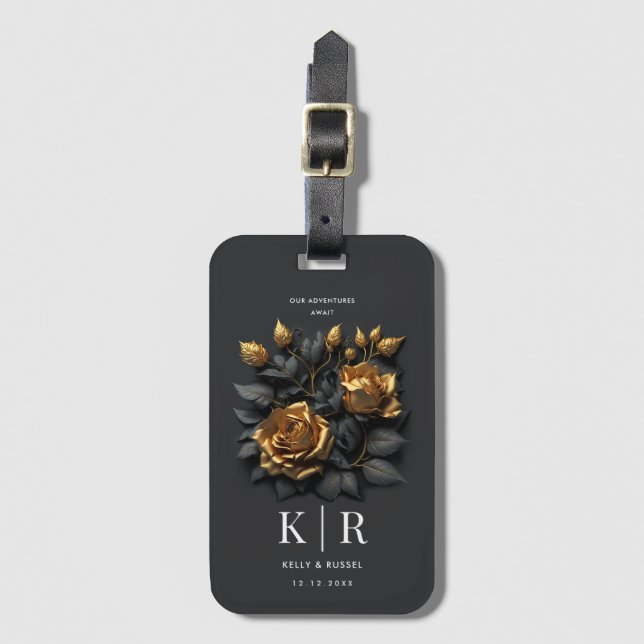 Étiquette À Bagage Elégant Black Gold Rose Couple Voyageur Vacances (Devant Vertical)
