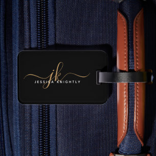 Étiquette À Bagage Élégant Black Gold Script Monogramme Nom Simple