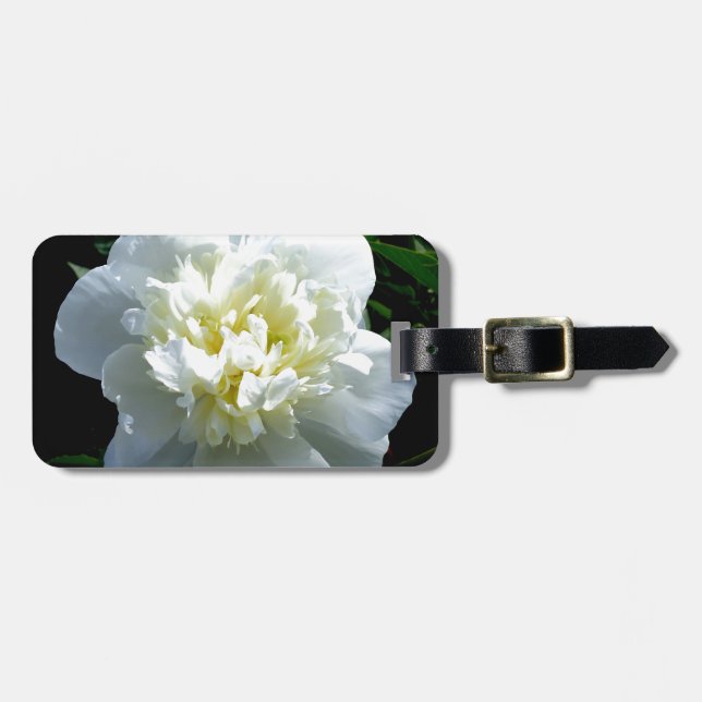 Étiquette À Bagage Elégant blanc peony floral blanc photo (Devant horizontal)