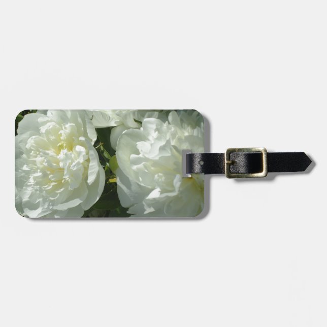 Étiquette À Bagage Elégant blanc peony floral blanc photo (Devant horizontal)