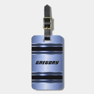 Étiquette À Bagage Élégant Bleu Clair Faux Rayures métalliques