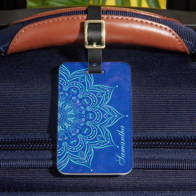 Étiquette À Bagage Elégant bleu et Turquoise Aqua Mandala Monogrammé (Insitu Rectoal 2)