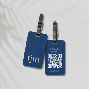 Étiquette À Bagage Élégant bleu or gras monogramme QR Code