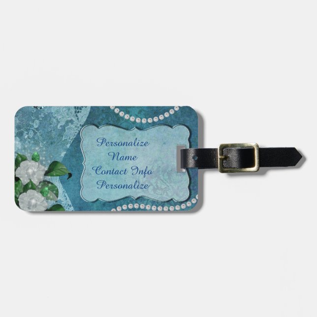 Étiquette À Bagage Elégant Blue Pearl Romantique Bagage (Devant horizontal)