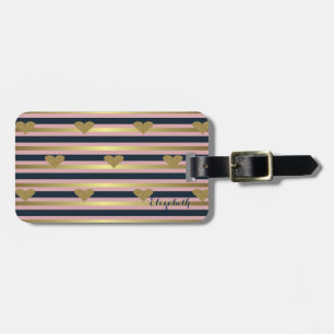 Étiquette À Bagage Élégant Chic Cœurs Pailletés Faux Or Sur Rayures