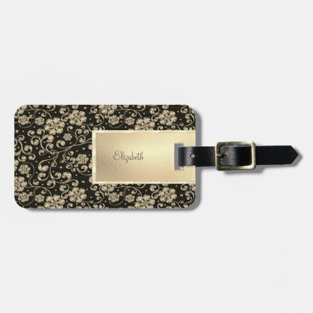 Étiquette À Bagage Elégant Chic Gold Flowers - Personnalisé (Devant horizontal)