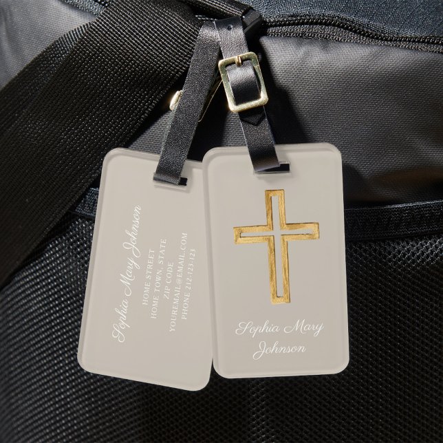 Étiquette À Bagage Elégant Croix Religieuse Taupe Écriture Beige (Elegant Religious Cross Taupe Beige Scrip Luggage Tag)