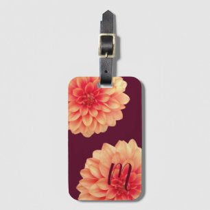 Étiquette À Bagage Élégant Dahlias Orange Fleurs Bourgogne Monogramme