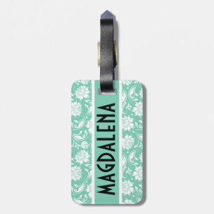 Étiquette À Bagage Élégant damas à la menthe verte et blanche