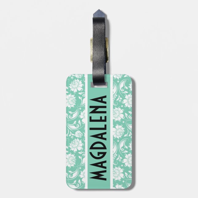 Étiquette À Bagage Élégant damas à la menthe verte et blanche (Dos Vertical)