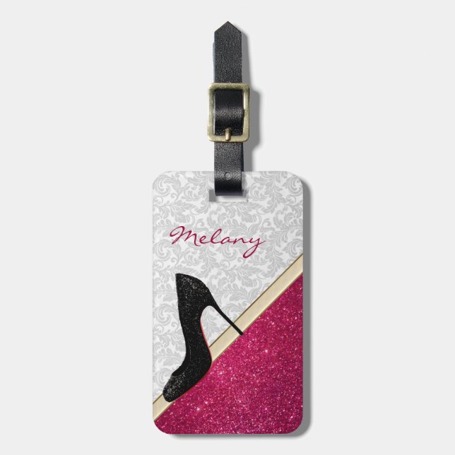 Étiquette À Bagage Elégant damask glittery haut talon personnalisé (Devant Vertical)