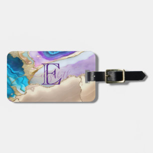 Étiquette À Bagage Élégant élégant violet or bleu marbre Monogramme
