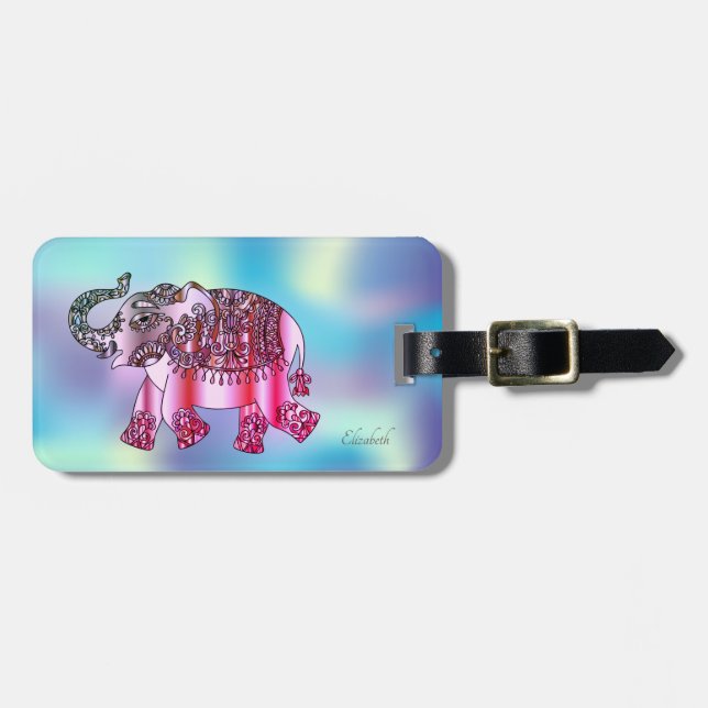 Étiquette À Bagage Elégant éléphant Paisley, Holographique (Devant horizontal)