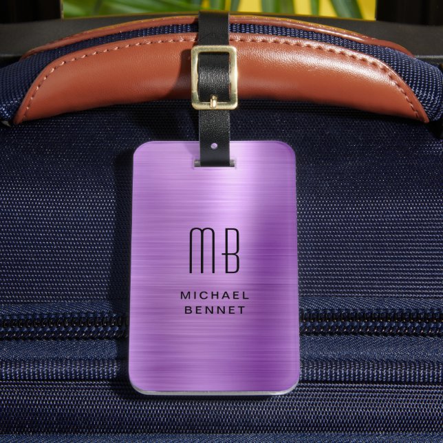 Étiquette À Bagage Élégant Faux brossé Métal violet Monogramme (Insitu Rectoal 2)